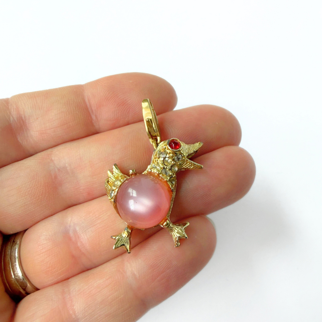 Refashioned vintage gold bird charm with pink and red stones