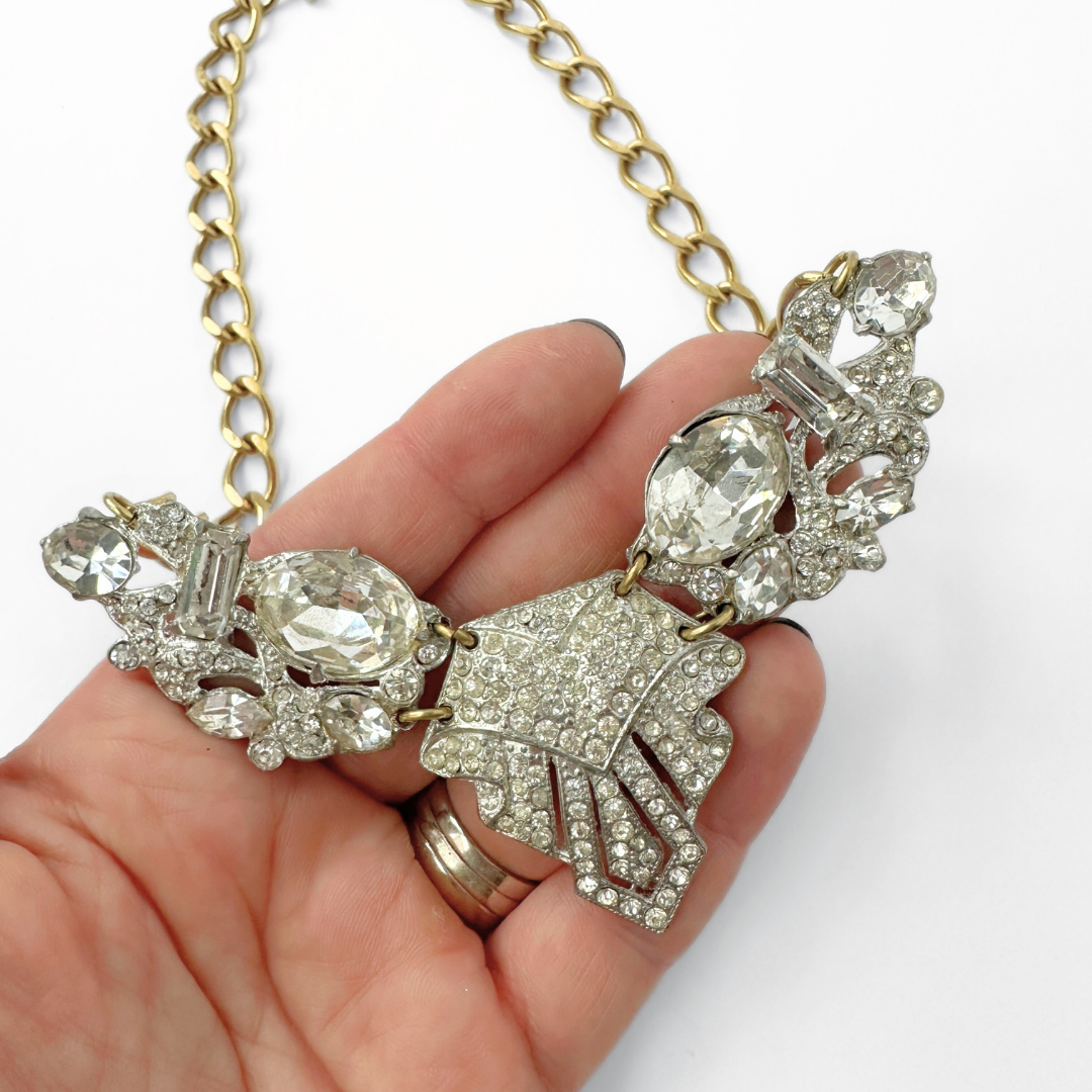 Refashioned vintage clear rhinestone and brass assemblage statement necklace