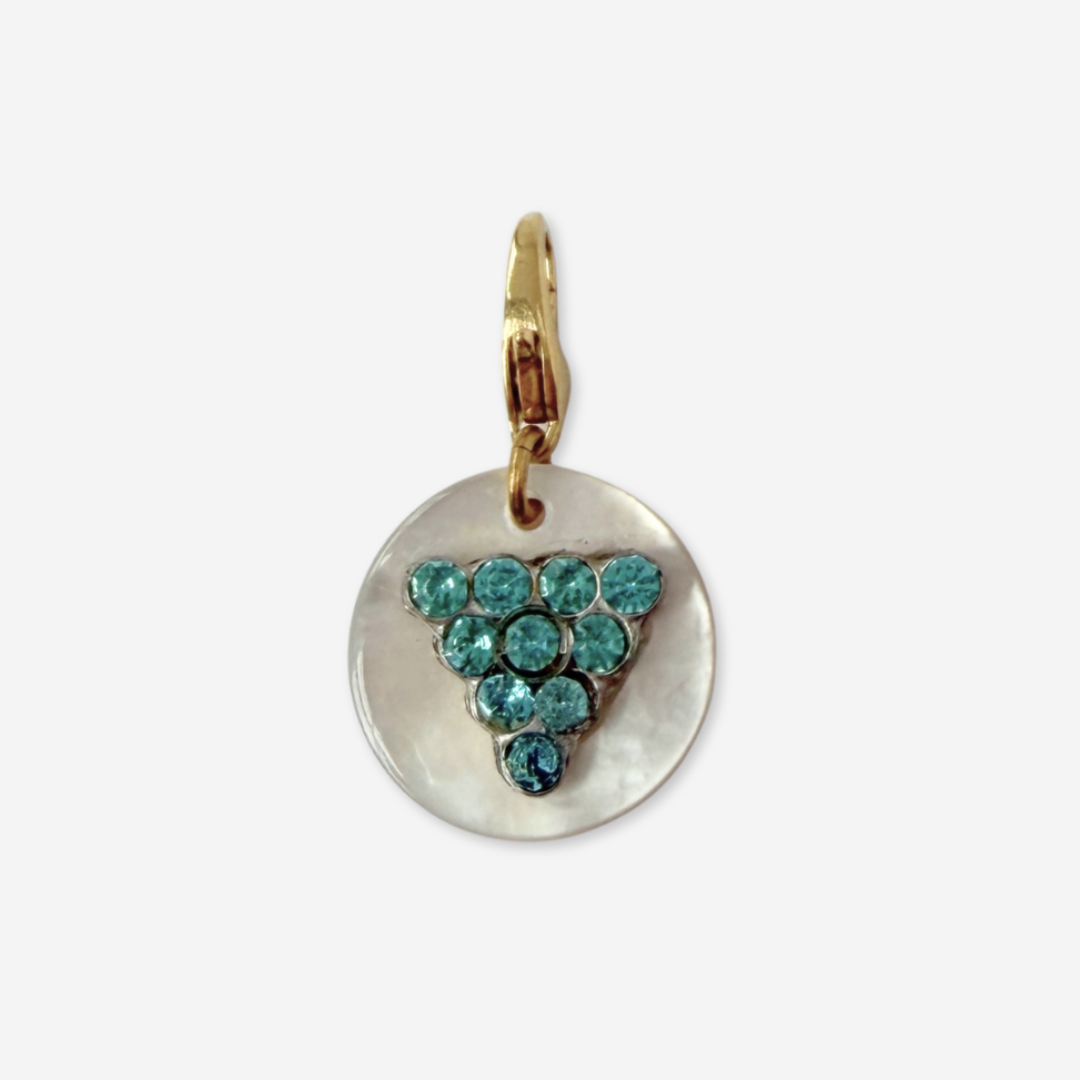 Vintage mother of pearl and aqua blue rhinestone button charm