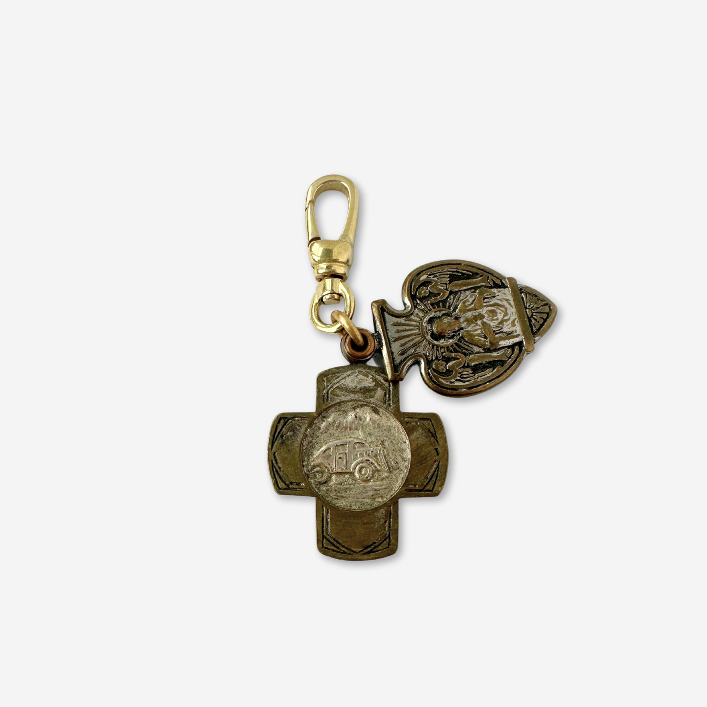 Unique vintage aged brass double swiveled St. Christopher charm