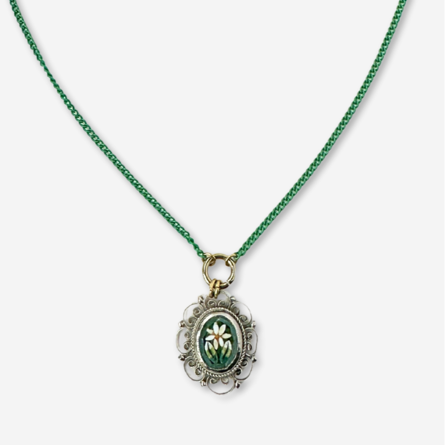Vintage micro-mosaic flower pendant on thin green curb chain