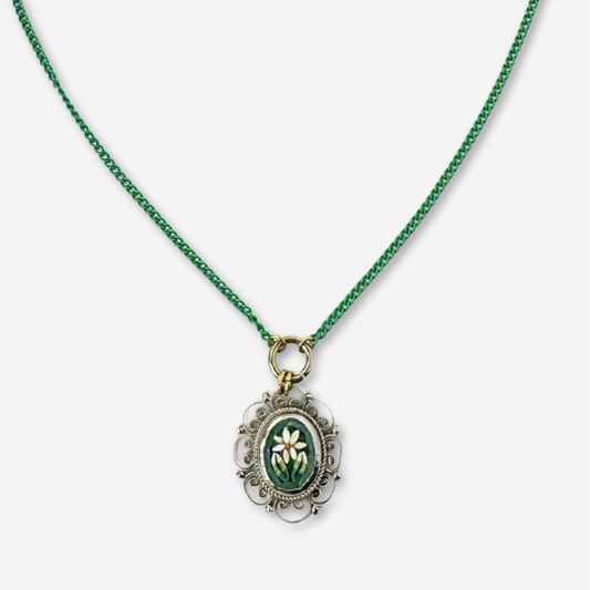 Vintage micro-mosaic flower pendant on thin green curb chain