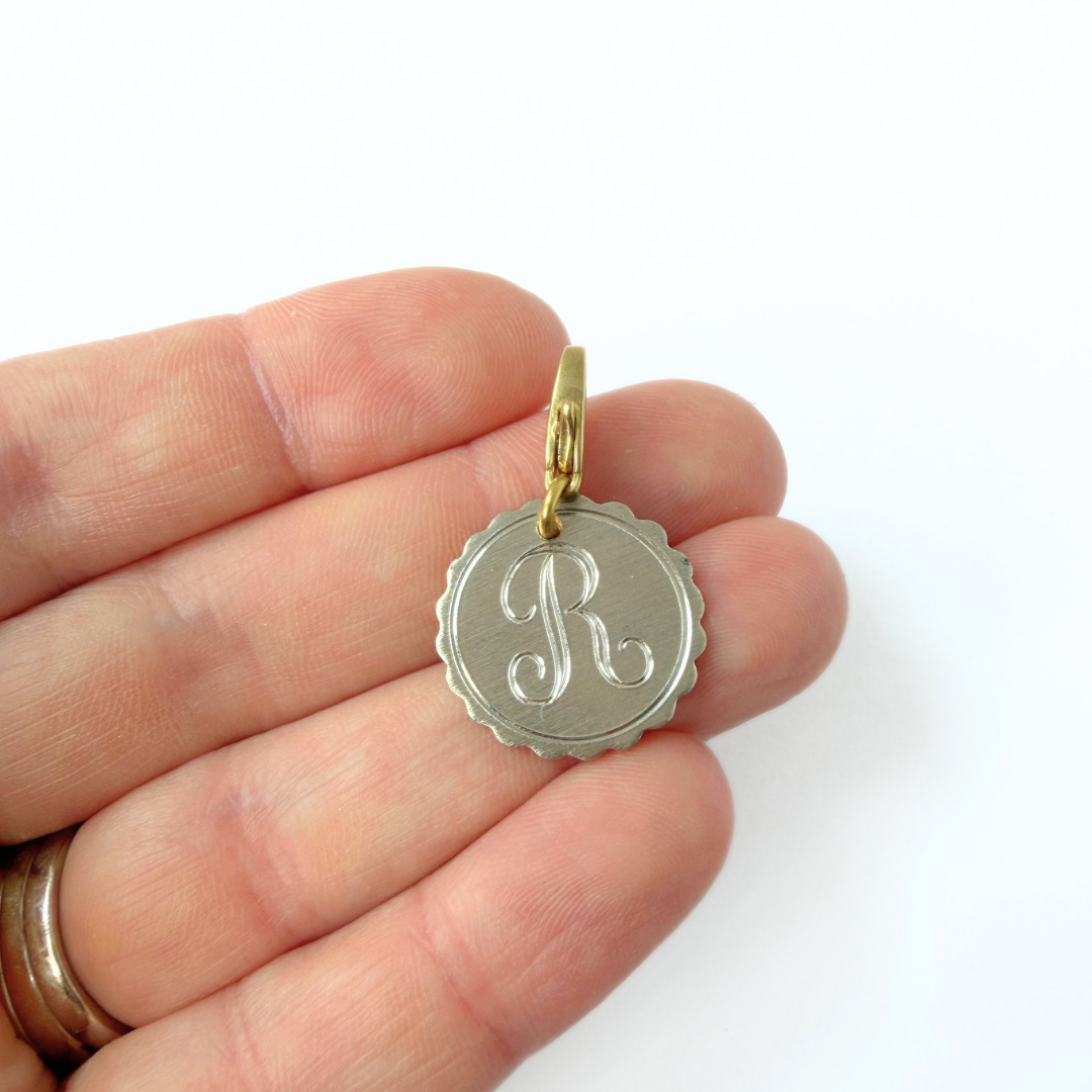 Vintage small silver scalloped letter "R" monogram charm
