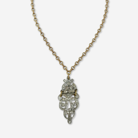 Refashioned 2-pc vintage art deco rhinestone and brass pendant assemblage necklace