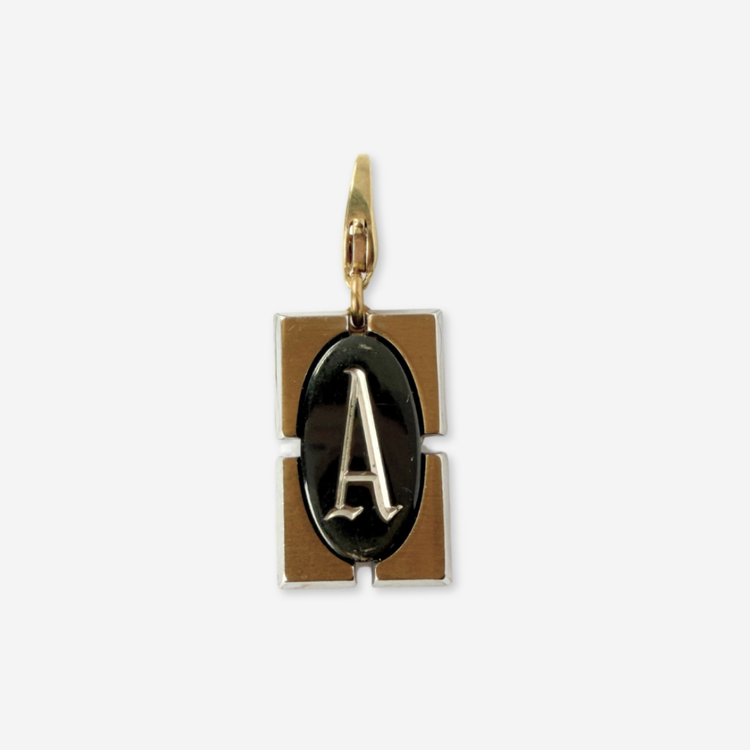 Vintage gold and hematite letter "A"  rectangular charm