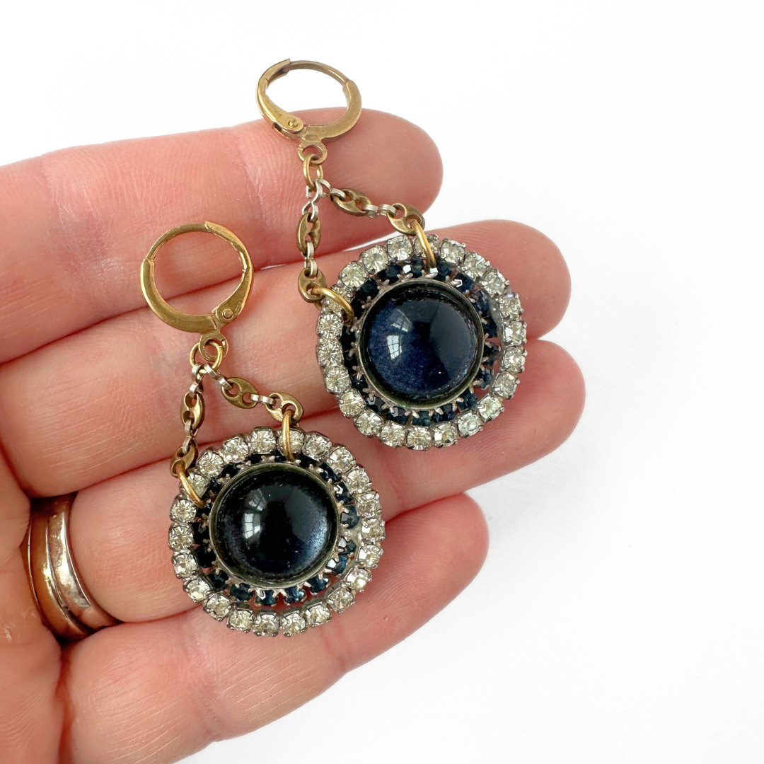 Refashioned vintage dark blue circular rhinestone drop earrings