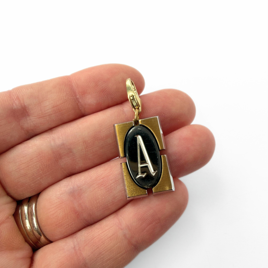 Vintage gold and hematite letter "A"  rectangular charm