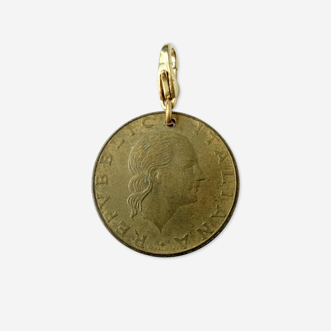 Vintage aged brass tone Italian Lire Coin Charm
