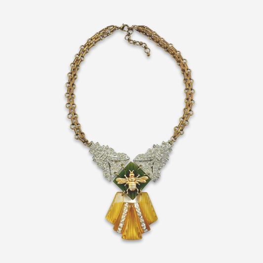 Repurposed vintage green and yellow rhinestone assemblage statement bee necklace