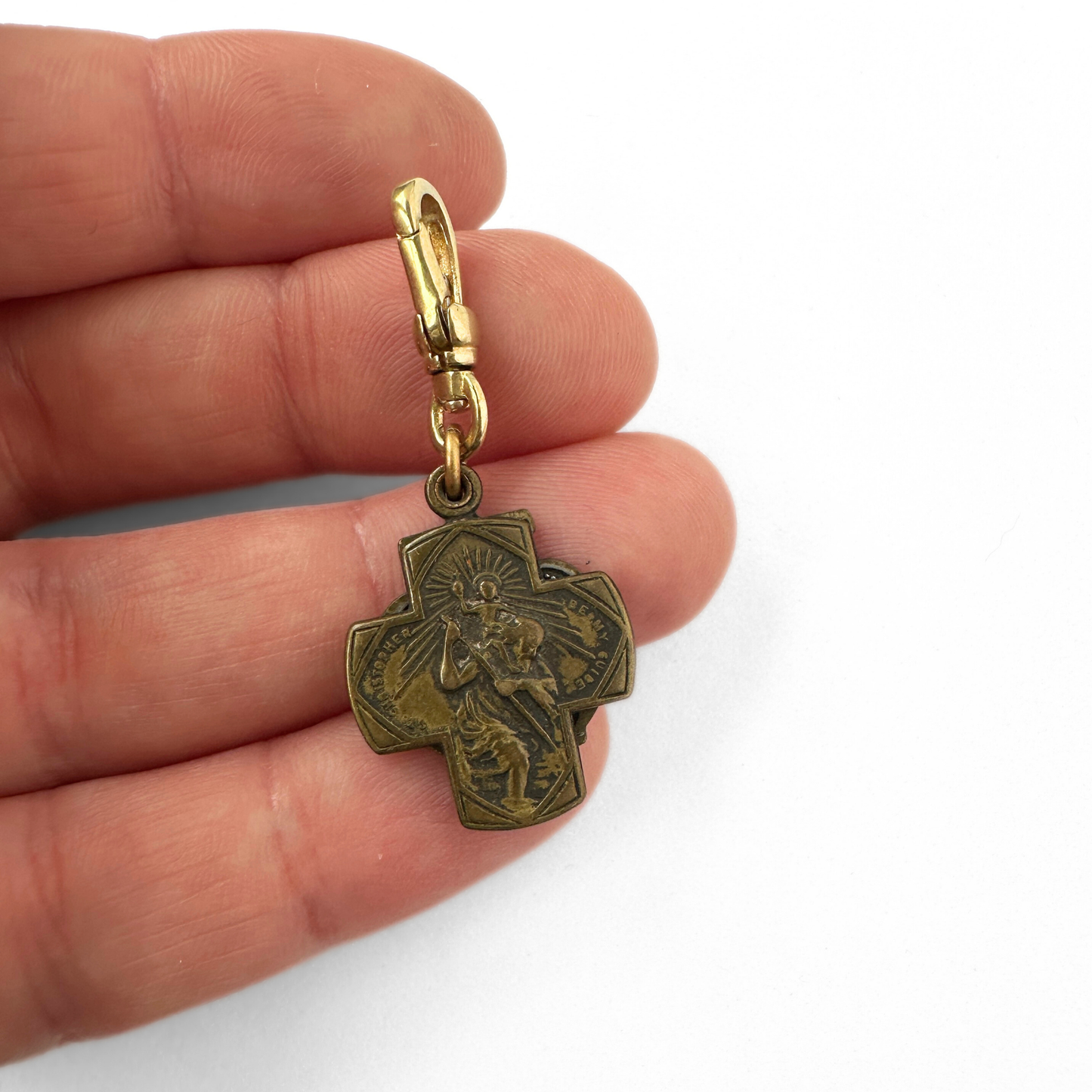 Unique vintage aged brass double swiveled St. Christopher charm