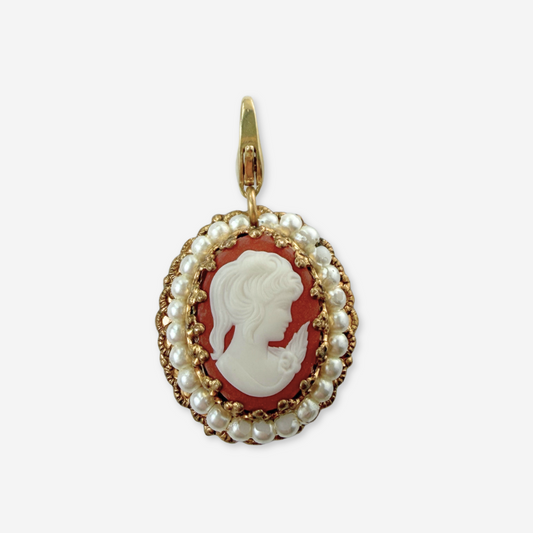 Refashioned vintage muted coral and pearl oval cameo charm