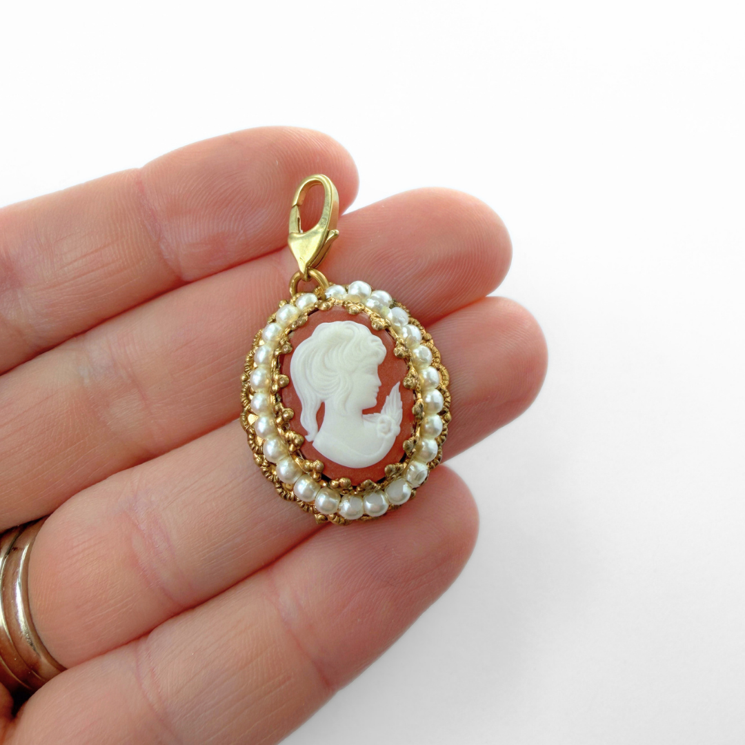 Refashioned vintage muted coral and pearl oval cameo charm