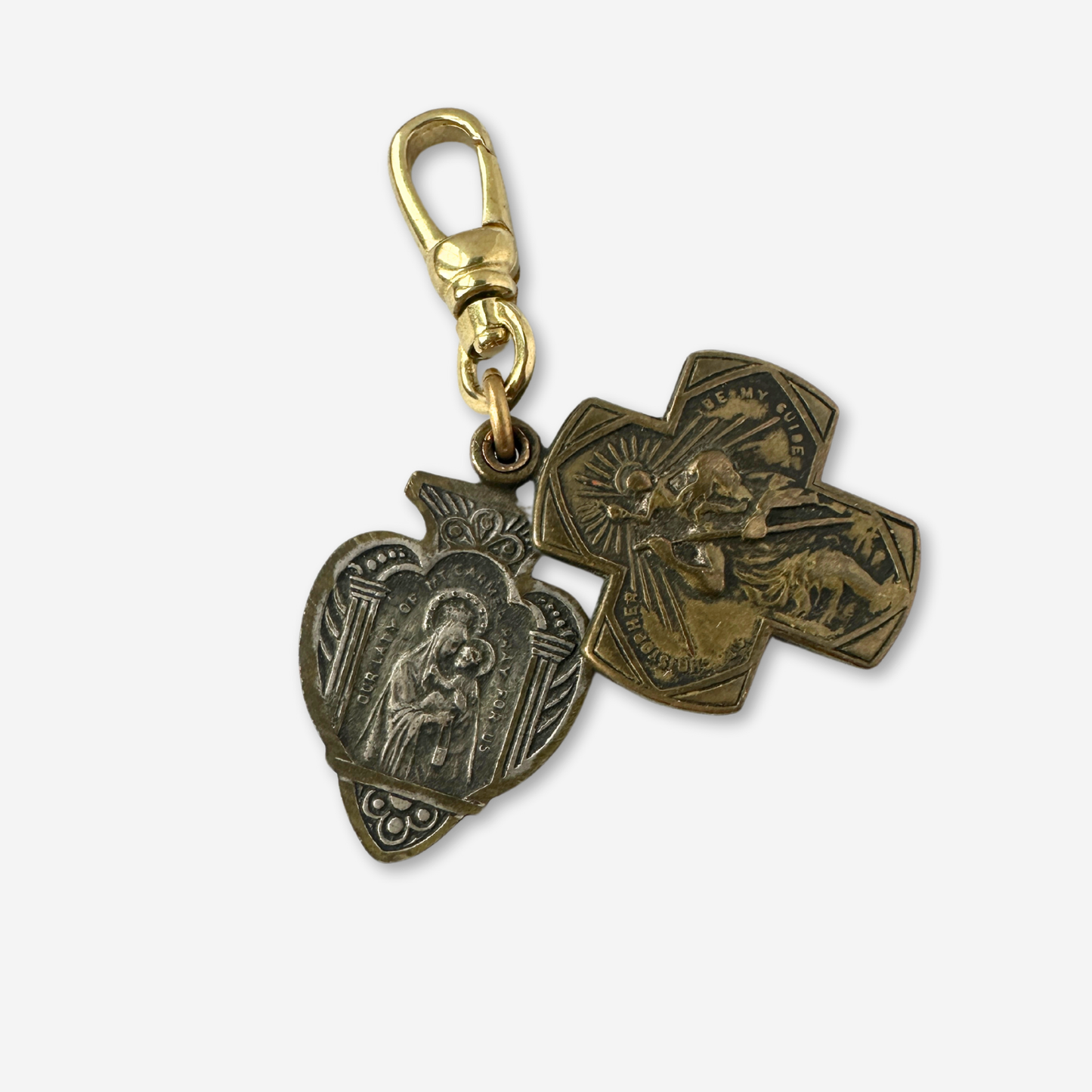 Unique vintage aged brass double swiveled St. Christopher charm