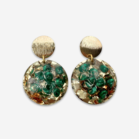 Large vintage gold and green lucite confetti earrings