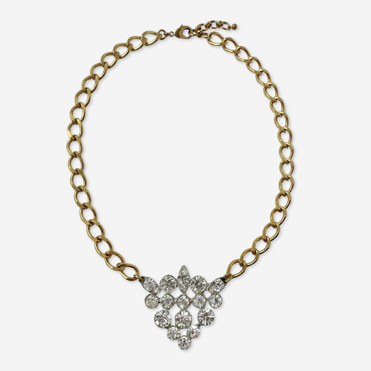 Refashioned vintage clear rhinestone necklace with wide brass curb chain