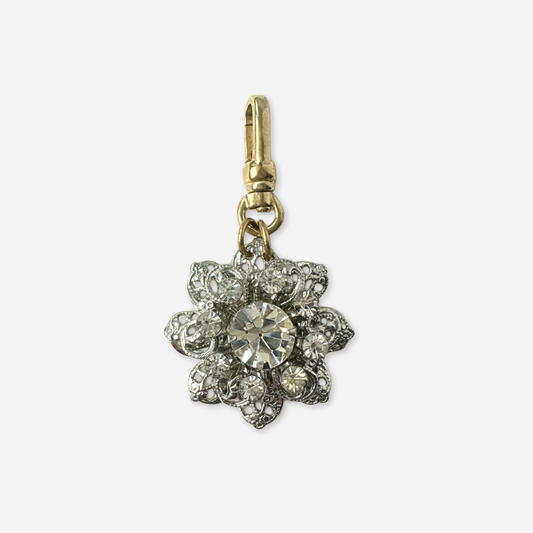 Vintage clear rhinestone and silver filigree flower charm