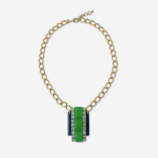 Repurposed Vintage black, green, and clear rhinestone deco assemblage necklace