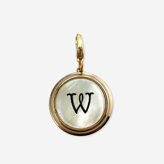 Refashioned vintage circular mother of pearl "W" monogram charm
