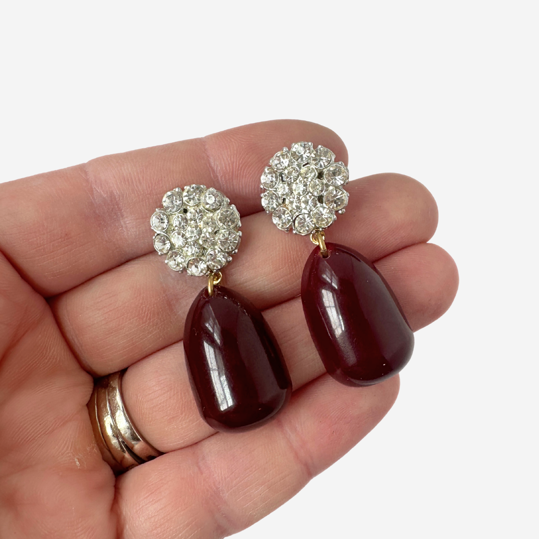 Refashioned vintage burgundy bakelite and clear rhinestone earrings