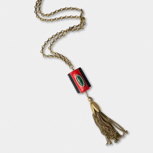 Red and green repurposed vintage assemblage long tassel necklace