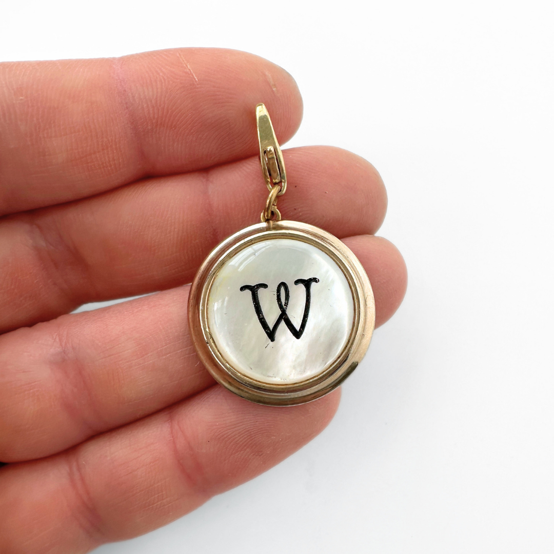 Refashioned vintage circular mother of pearl "W" monogram charm