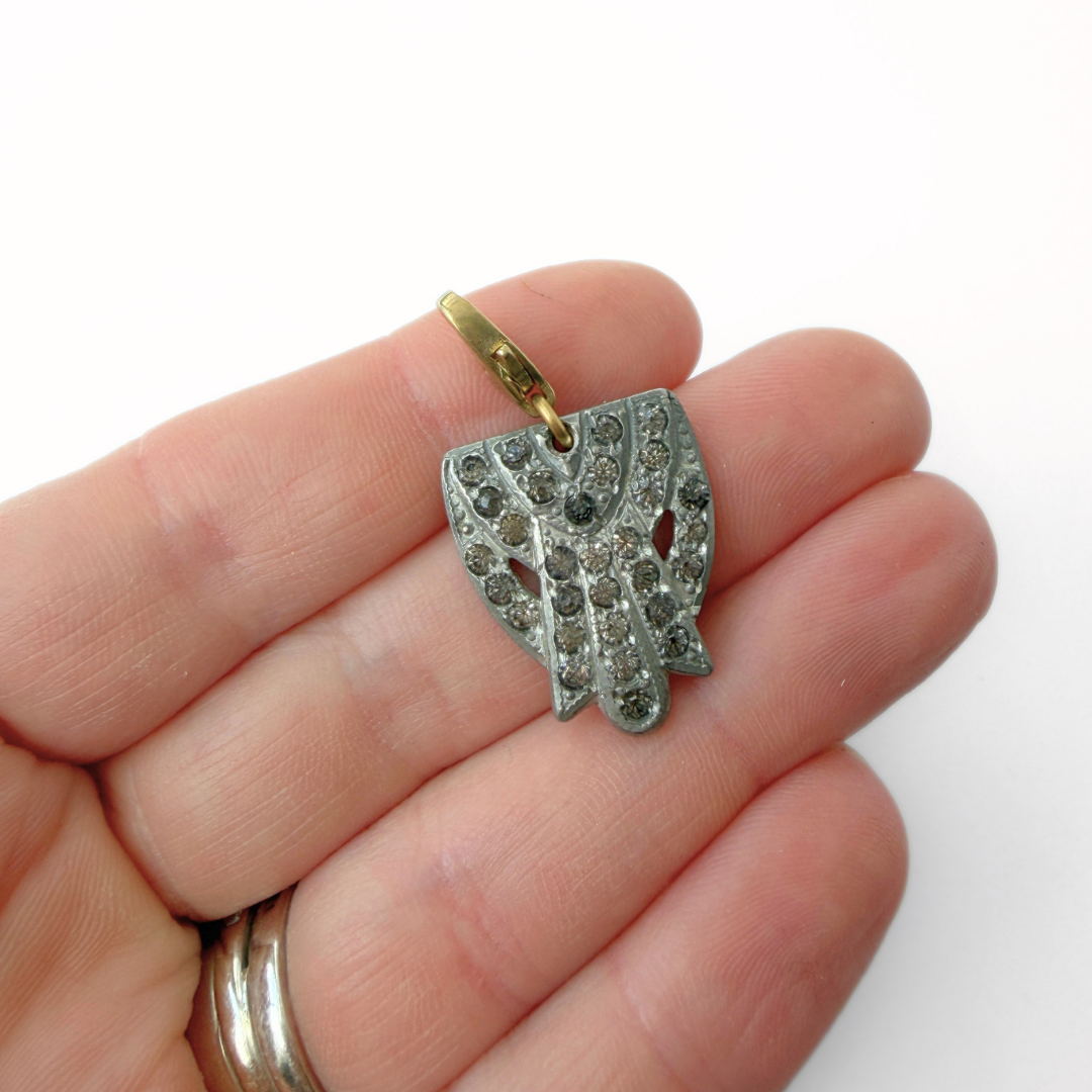 Vintage art deco silver rhinestone crest charm