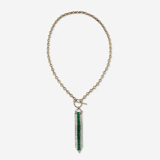 Vintage clear and emerald rhinestone elongated deco pendant with brass chain