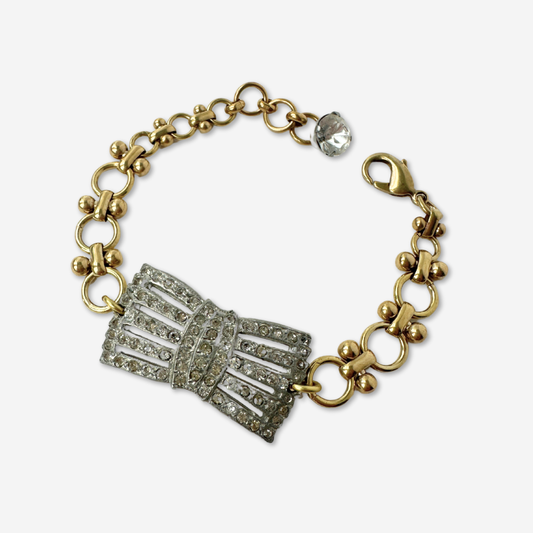 Refashioned vintage clear rhinestone bow bracelet with brass chain