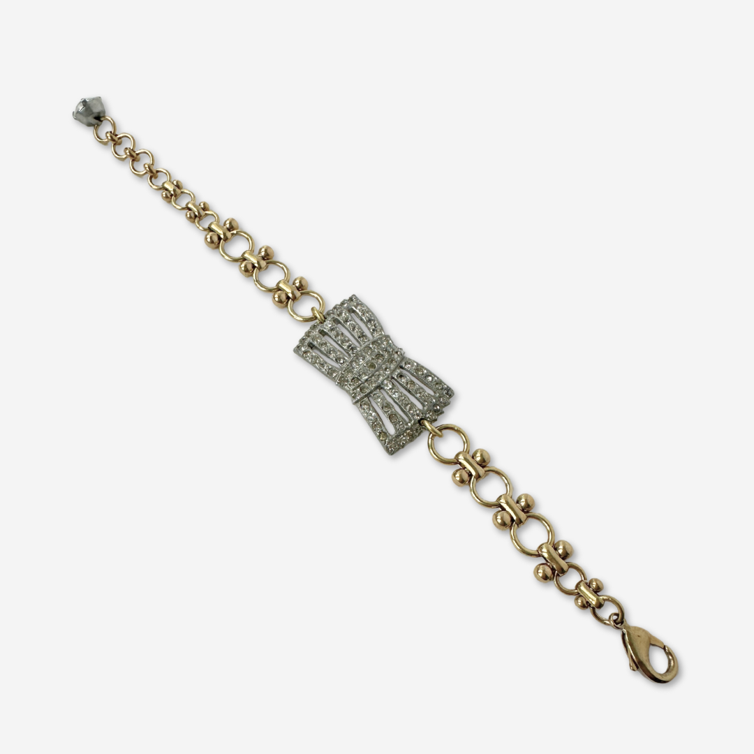 Refashioned vintage clear rhinestone bow bracelet with brass chain