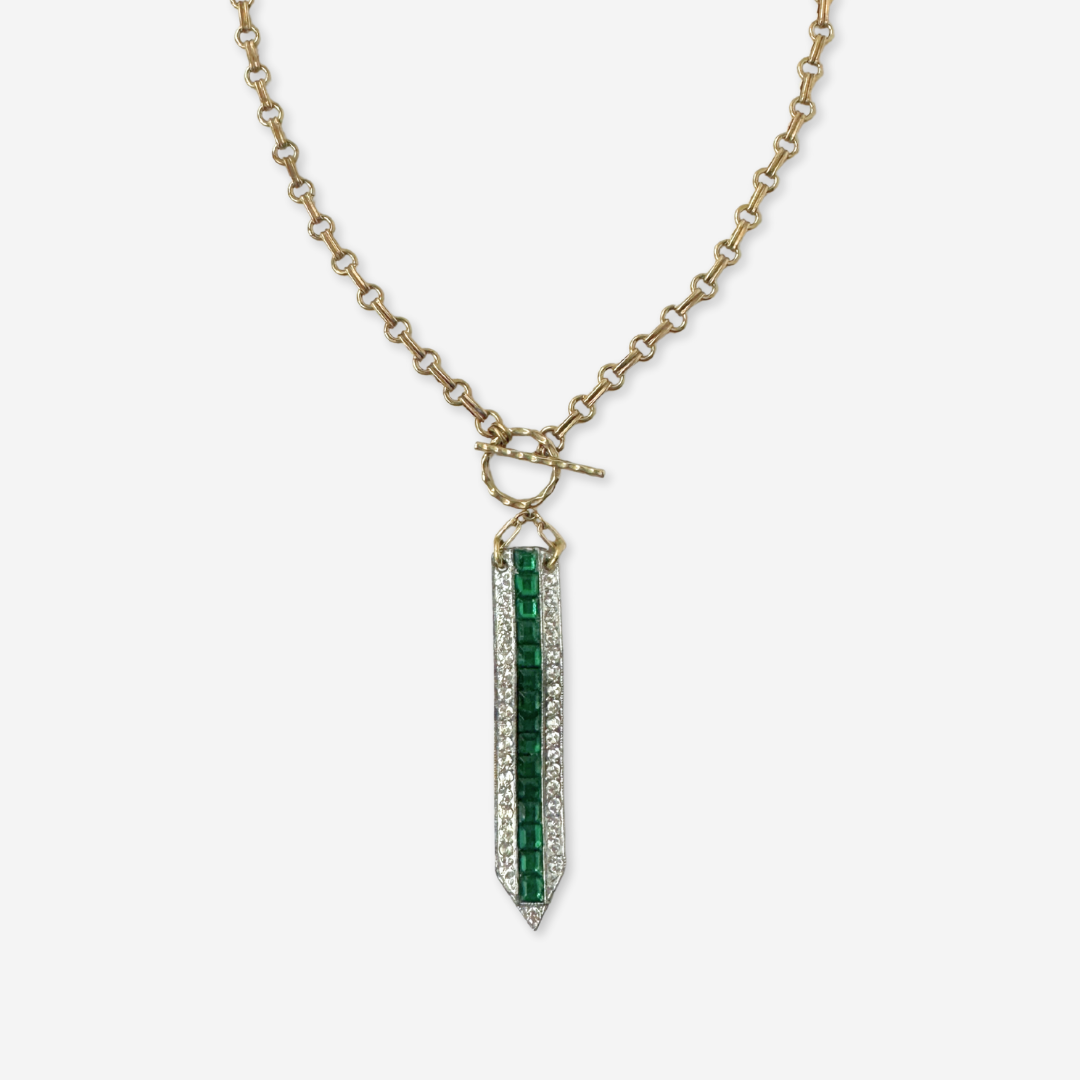Vintage clear and emerald rhinestone elongated deco pendant with brass chain