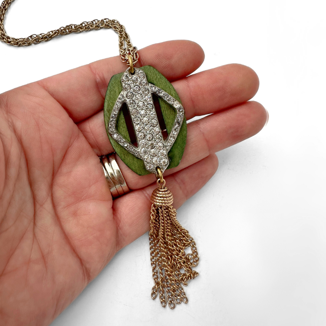 Olive green and clear rhinestone vintage assemblage tassel necklace