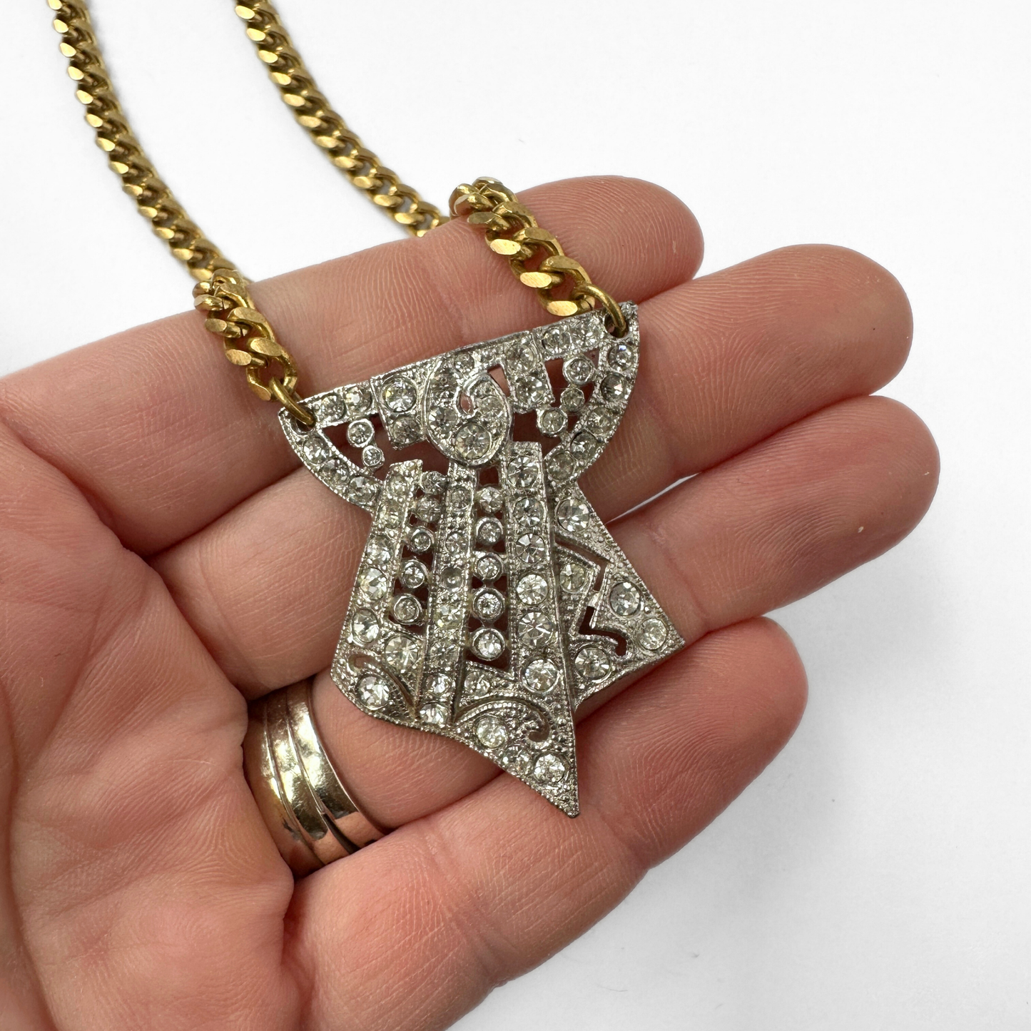 Vintage art deco rhinestone pendant with brass curb chain