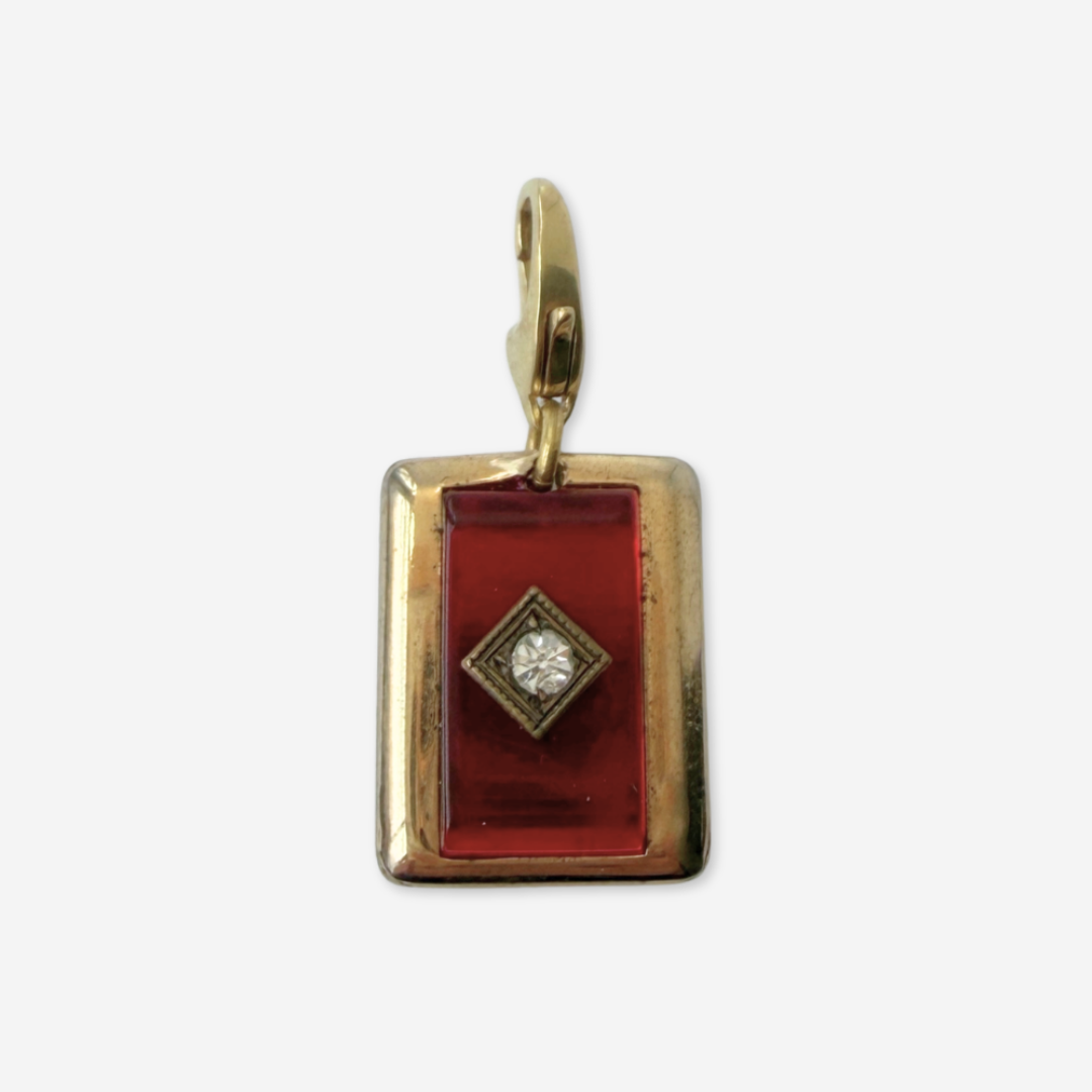 Vintage gold plated and red glass deco rectangular charm