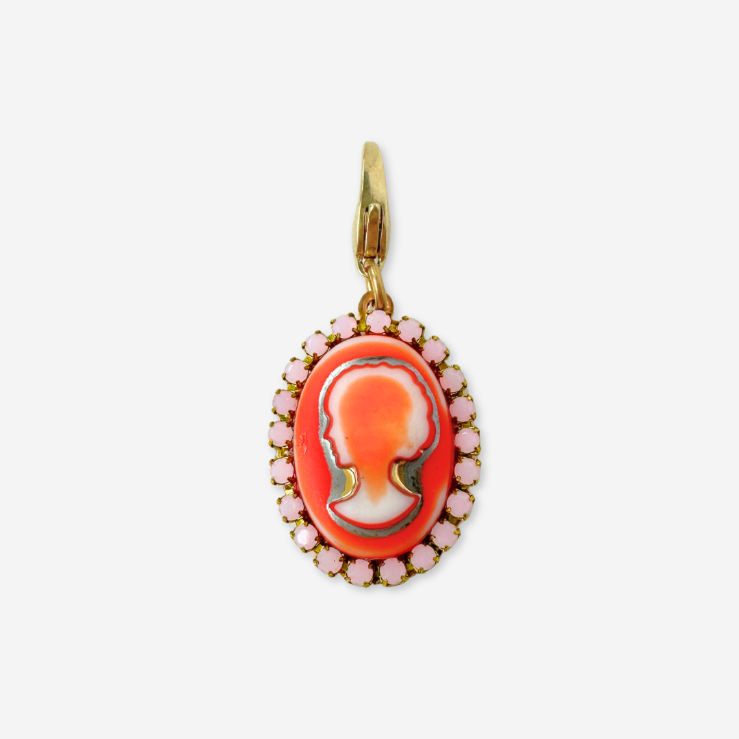 Refashioned vintage orange and pink glass oval cameo charm