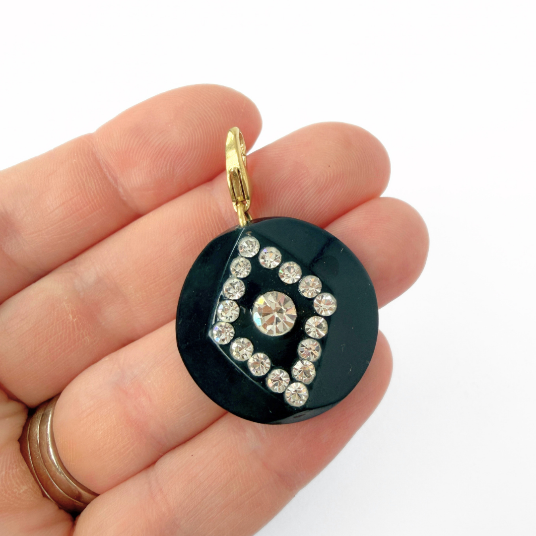 Large vintage dark navy and rhinestone button charm