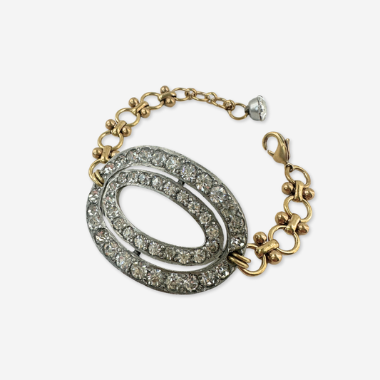 Refashioned Antique oval Rhinestone Shoe Buckle bracelet with brass chain