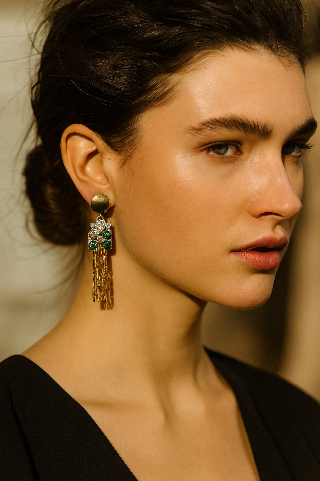 Green and clear refashioned vintage rhinestone gold tassel earrings
