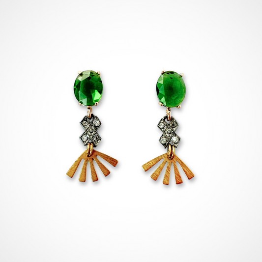 Repurposed vintage rhinestone link earrings with brass sunburst and green crystal post