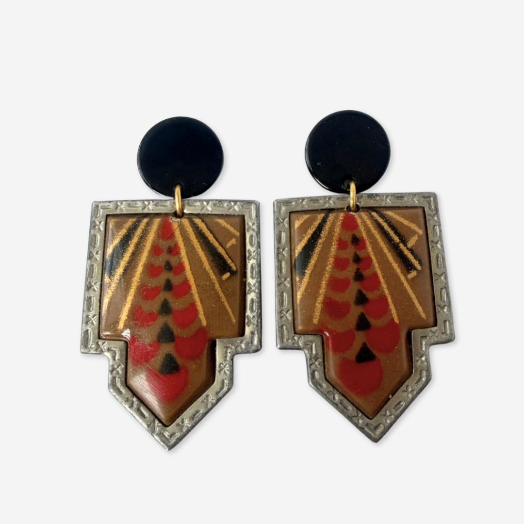 Refashioned Vintage brown and red art deco statement earrings