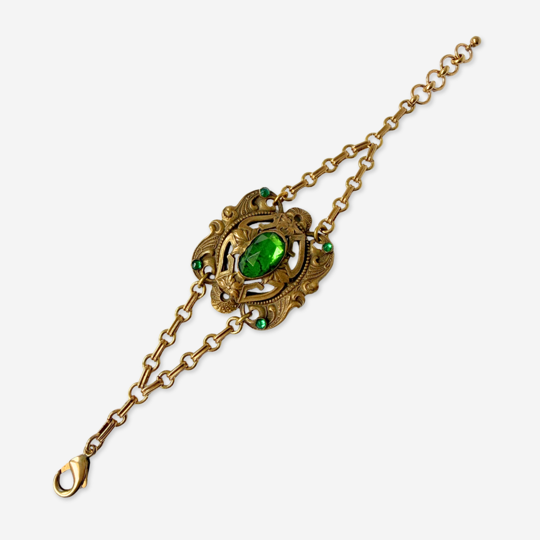 Repurposed Vintage aged brass filigree bracelet with green stones