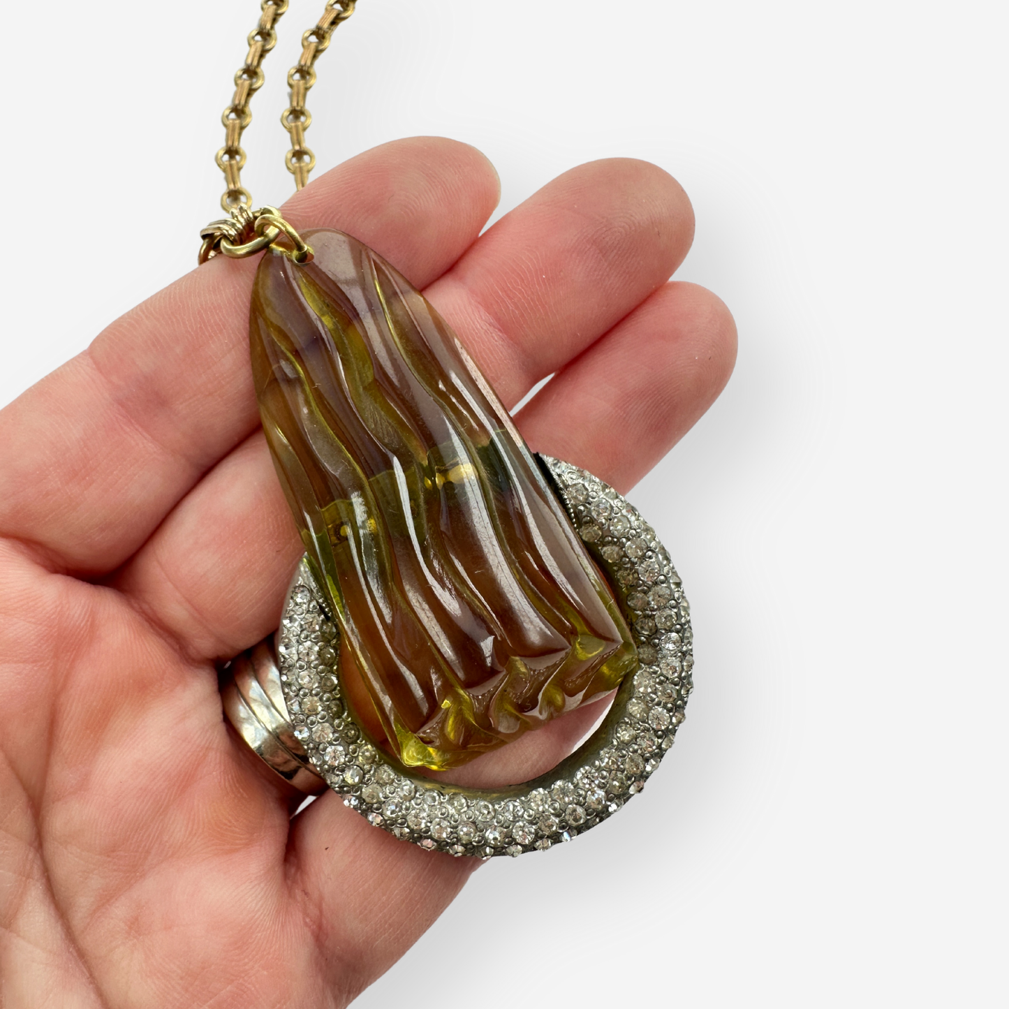 Refashioned vintage olive green lucite and rhinestone deco pendant necklace