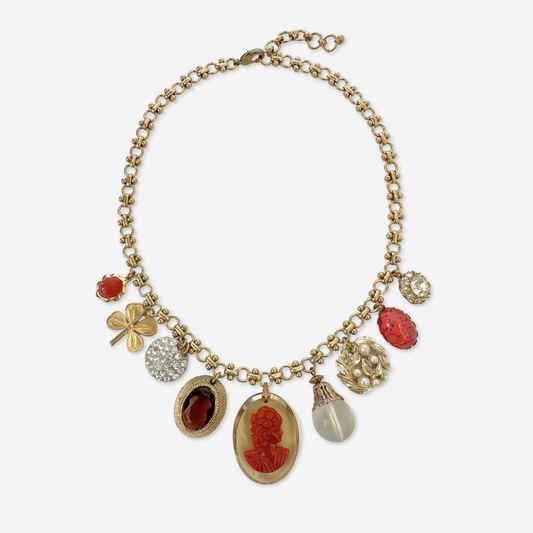 Repurposed vintage rust/coral cameo mixed charm necklace