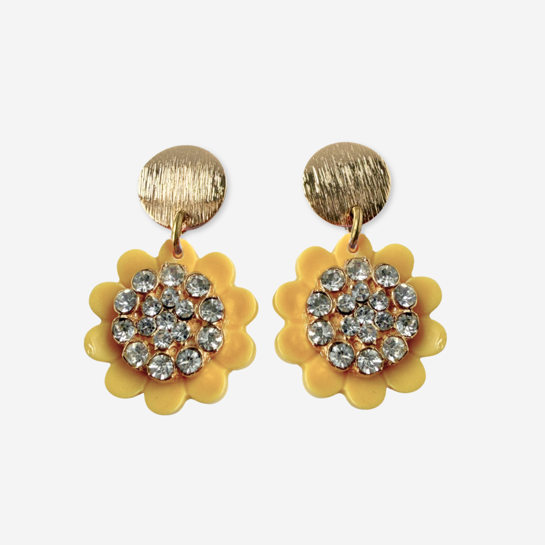 Refashioned vintage layered yellow flower and rhinestone button earrings