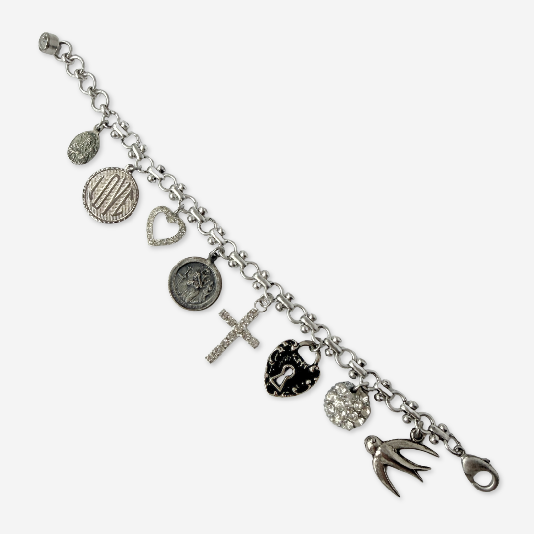 Repurposed vintage mixed silver religious charm bracelet