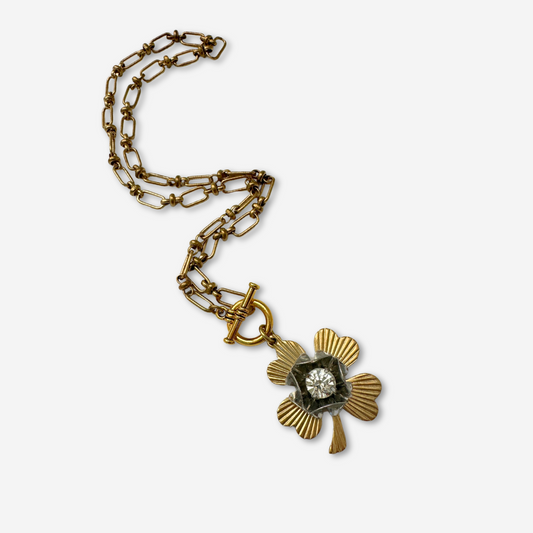 Large solid brass four leaf clover pendant with vintage clear rhinestone embellishment on brass toggle chain