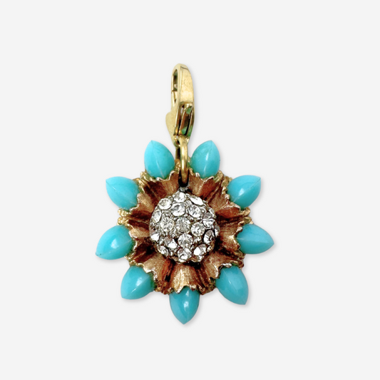 Vintage turquoise, gold, and clear rhinestone flower charm