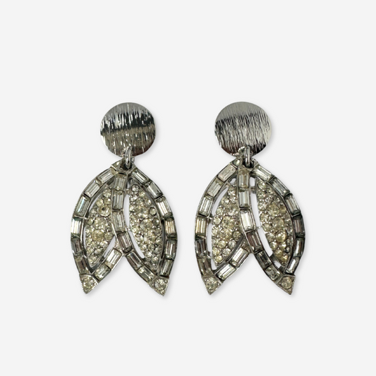 Refashioned vintage large silver and clear rhinestone leaf earrings