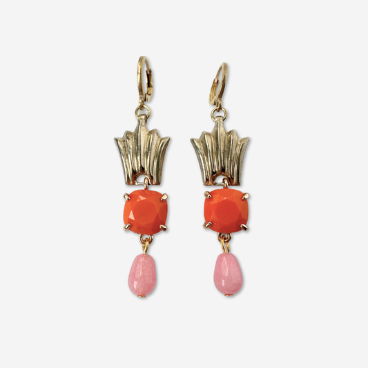 Orange and pink refashioned vintage fan drop earrings