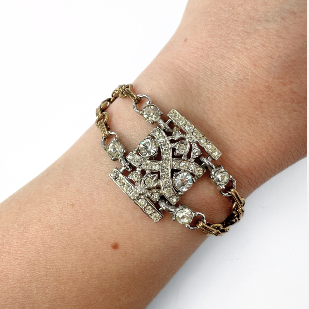 Refashioned vintage clear rhinestone link bracelet with brass chain
