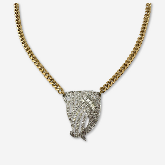 Vintage art deco rhinestone pendant with brass curb chain